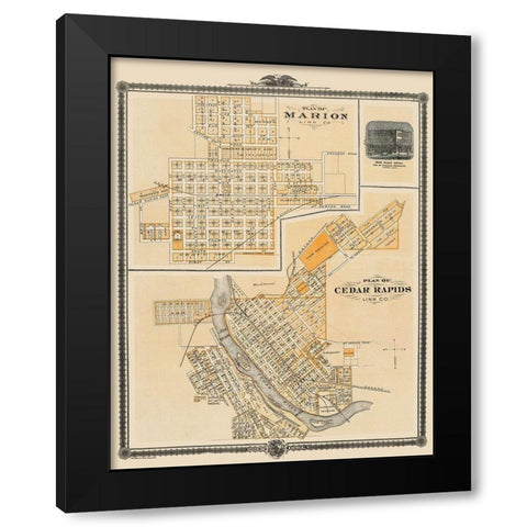 Cedar Rapids, Marion Iowa - Shober 1875 Black Modern Wood Framed Art Print with Double Matting by Shober