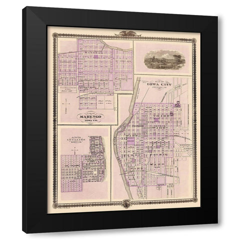 Iowa City, Marengo, Le Claire Iowa - Shober 1875 Black Modern Wood Framed Art Print by Shober