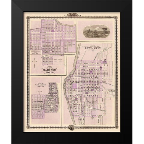 Iowa City, Marengo, Le Claire Iowa - Shober 1875 Black Modern Wood Framed Art Print by Shober