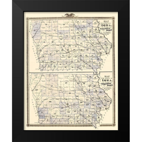 Iowa with Representative, Senatorial Districts Black Modern Wood Framed Art Print by Andreas