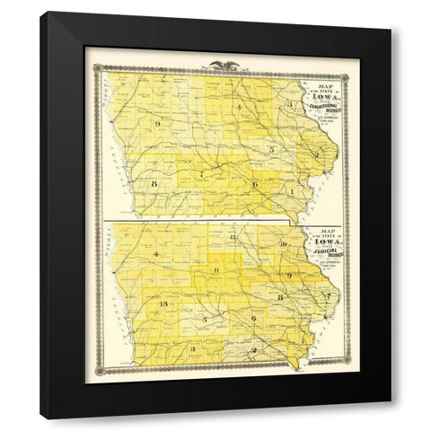 Iowa with Congressional, Judicial Districts  1874 Black Modern Wood Framed Art Print with Double Matting by Andreas