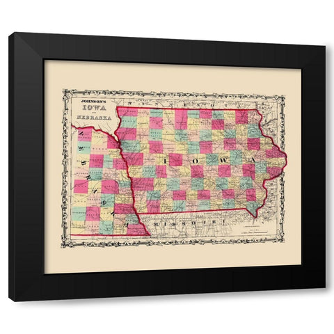 Nebraska, Iowa - Johnson 1860 Black Modern Wood Framed Art Print by Johnson