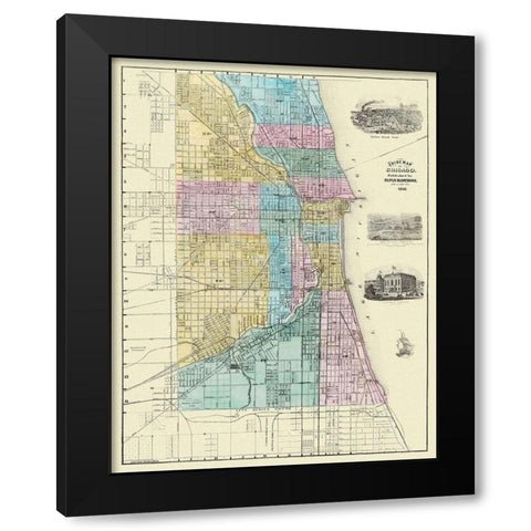 Chicago Illinois Plat - Blanchard 1869 Black Modern Wood Framed Art Print by Blanchard