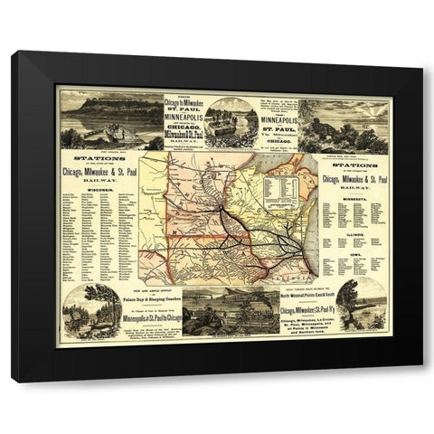 Chicago, Milwaukee and St Paul Railroad - 1874 Black Modern Wood Framed Art Print by Rand McNally
