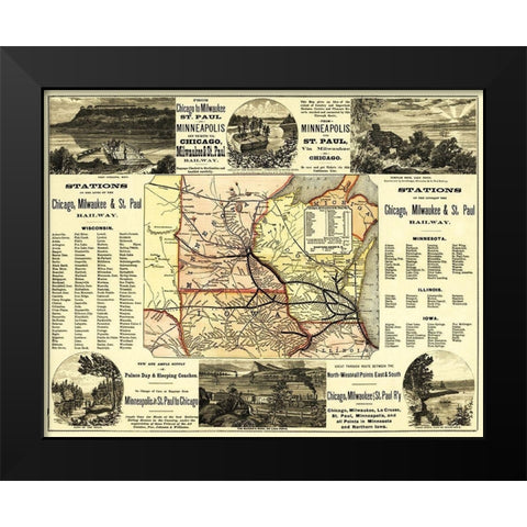 Chicago, Milwaukee and St Paul Railroad - 1874 Black Modern Wood Framed Art Print by Rand McNally