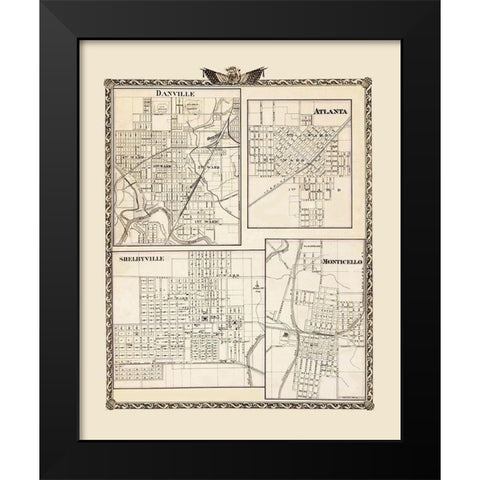 Danville Atlanta Shelbyville Monticello Illinois Black Modern Wood Framed Art Print by Beers