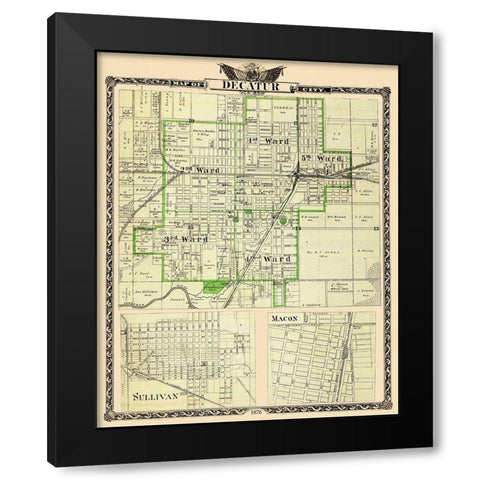 Decatur, Sullivan Illinois Landowner - Warner 1876 Black Modern Wood Framed Art Print by Warner