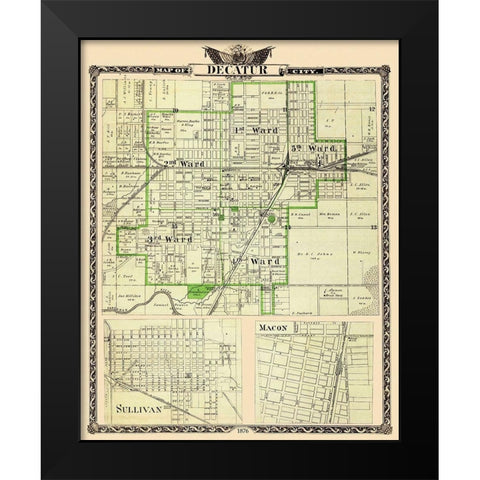 Decatur, Sullivan Illinois Landowner - Warner 1876 Black Modern Wood Framed Art Print by Warner
