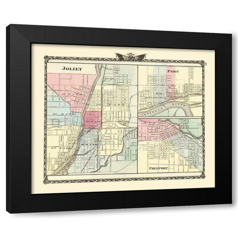 Joliet, Peru, Freeport Illinois - Warner 1870 Black Modern Wood Framed Art Print by Warner