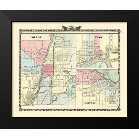 Joliet, Peru, Freeport Illinois - Warner 1870 Black Modern Wood Framed Art Print by Warner