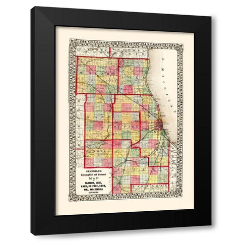 Mchenry  Kane  Cook  Will Illinois - Campbell 1850 Black Modern Wood Framed Art Print by Campbell