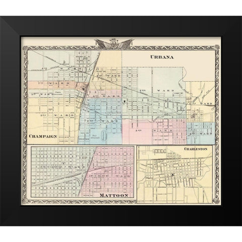 Urbana, Champaign, Mattoon, Charleston Illinois Black Modern Wood Framed Art Print by Warner