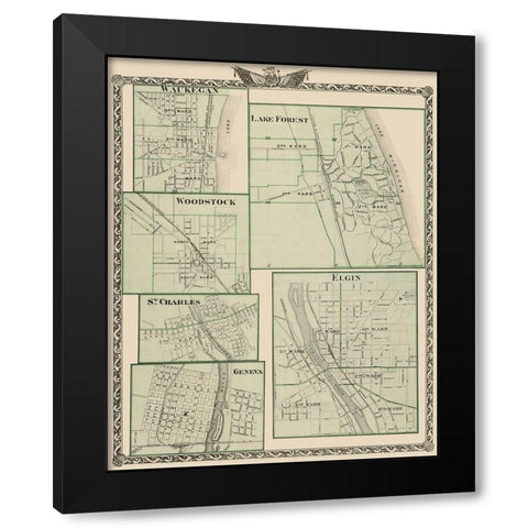 Waukegan, Lake Forest, Elgin, Woodstock, Illinois Black Modern Wood Framed Art Print with Double Matting by Warner
