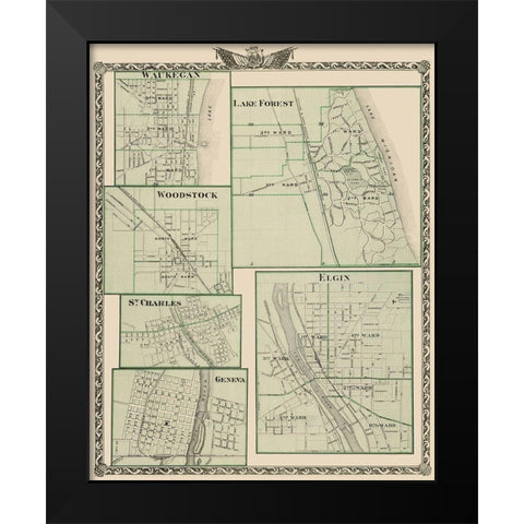 Waukegan, Lake Forest, Elgin, Woodstock, Illinois Black Modern Wood Framed Art Print by Warner