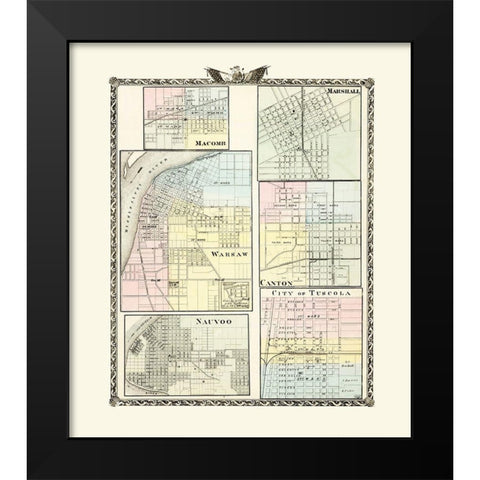Macomb, Marshall, Warsaw, Canton, Nauvoo, Tuscola Black Modern Wood Framed Art Print by Warner