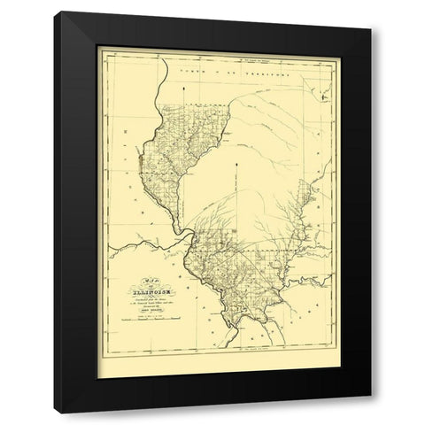 Illinois - Melish 1818 Black Modern Wood Framed Art Print with Double Matting by Melish