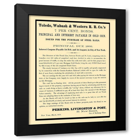 Toledo, Wabash and Western Railway 2 - Colton 1873 Black Modern Wood Framed Art Print with Double Matting by Colton