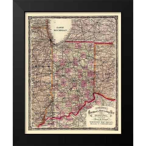 Indiana - Cram 1875 Black Modern Wood Framed Art Print by Cram