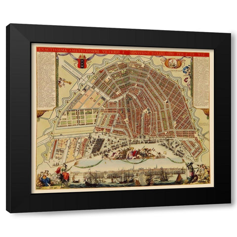 Amsterdam Panoramic Netherlands - De Wit 1688 Black Modern Wood Framed Art Print with Double Matting by De Wit