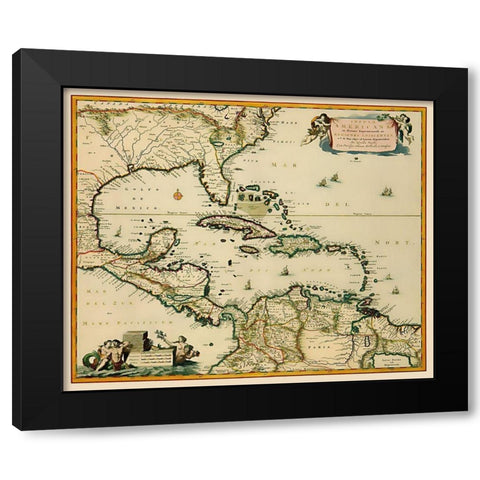 Central America Caribbean - Visscher 1681 Black Modern Wood Framed Art Print with Double Matting by Visscher