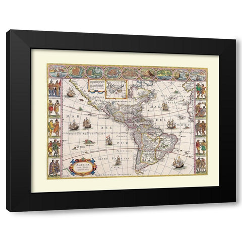 North South America - Blaeu Black Modern Wood Framed Art Print with Double Matting by Blaeu