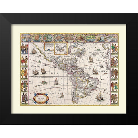 North South America - Blaeu Black Modern Wood Framed Art Print by Blaeu