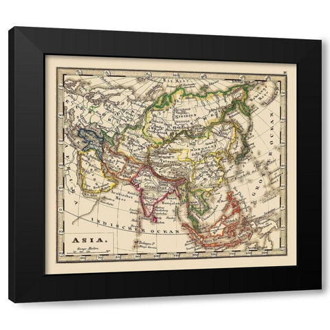 Asia - Stieler 1852 Black Modern Wood Framed Art Print with Double Matting by Stieler