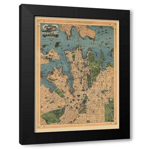 Sydney Australia Aeroplane View - Robinson 1922 Black Modern Wood Framed Art Print by Robinson