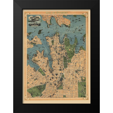Sydney Australia Aeroplane View - Robinson 1922 Black Modern Wood Framed Art Print by Robinson