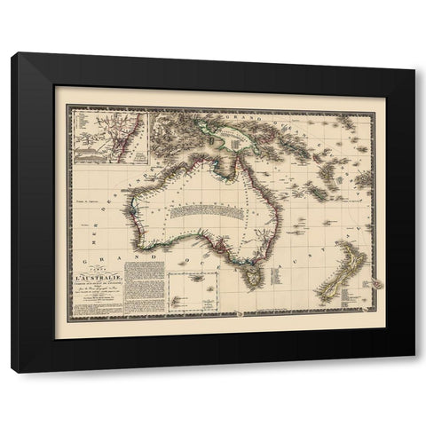Oceania Australia New Zealand New Guinea Black Modern Wood Framed Art Print by Brue