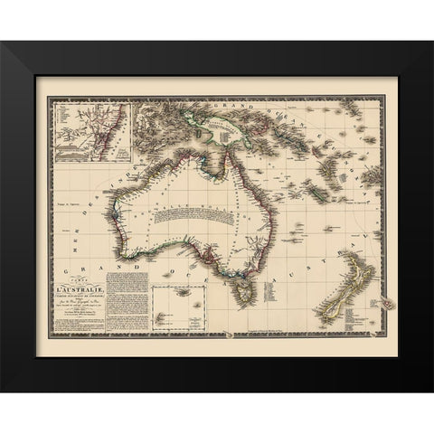 Oceania Australia New Zealand New Guinea Black Modern Wood Framed Art Print by Brue