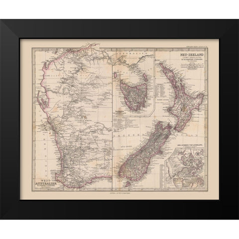 West Australia New Zealand - Stieler  1885 Black Modern Wood Framed Art Print by Stieler