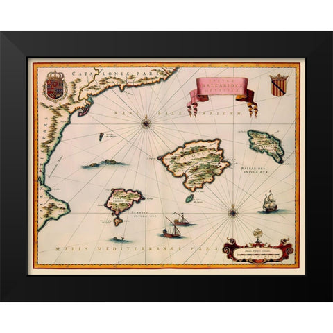 Balearic Islands Spain - Blaeu 1635 Black Modern Wood Framed Art Print by Blaeu