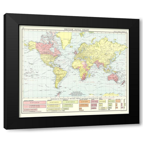 British Naval Chart Global - Newnes 1907 Black Modern Wood Framed Art Print with Double Matting by Newnes