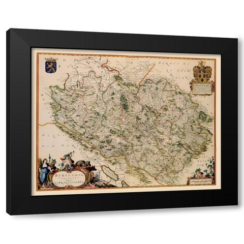 Burgundy Region France - Blaeu 1662 Black Modern Wood Framed Art Print with Double Matting by Blaeu