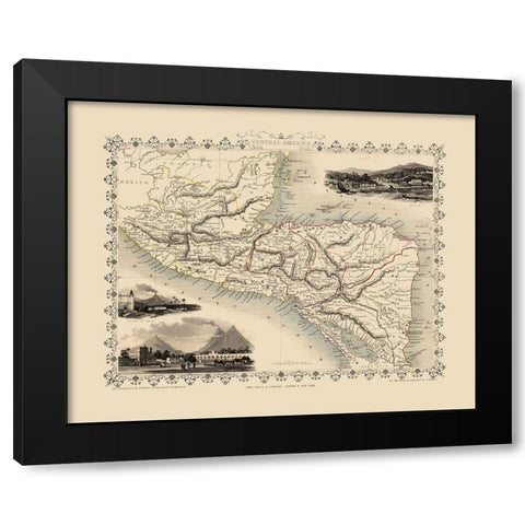 Central America - Tallis 1851 Black Modern Wood Framed Art Print with Double Matting by Tallis