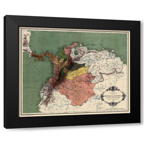 South America Republic of Colombia - Lahure 1886 Black Modern Wood Framed Art Print with Double Matting by Lahure