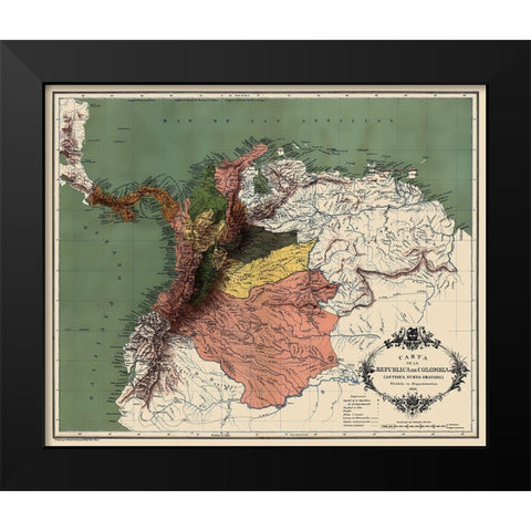South America Republic of Colombia - Lahure 1886 Black Modern Wood Framed Art Print by Lahure