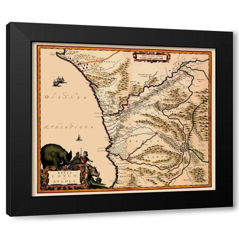 Congo Angola Africa - Blaeu 1662 Black Modern Wood Framed Art Print by Blaeu