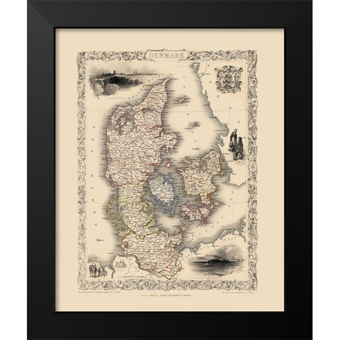 Scandinavia Denmark - Tallis 1851 Black Modern Wood Framed Art Print by Tallis