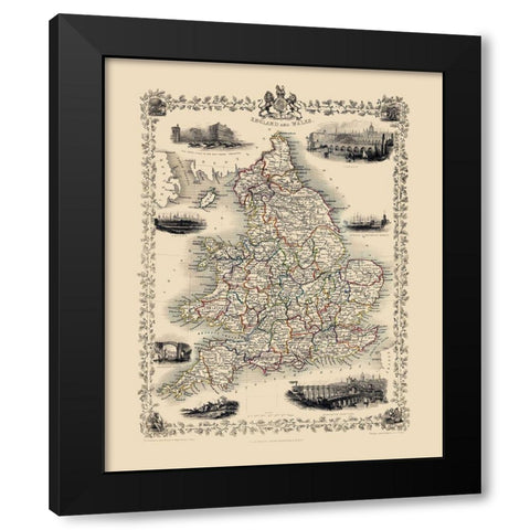 Great Britain England Wales - Tallis 1851 Black Modern Wood Framed Art Print by Tallis