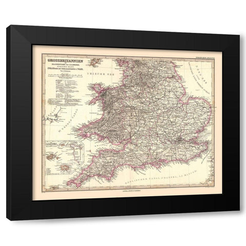 England Wales - Stieler 1885 Black Modern Wood Framed Art Print by Stieler