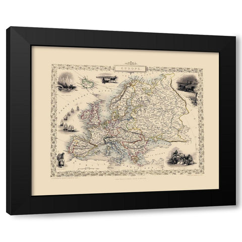 Europe - Tallis 1851 Black Modern Wood Framed Art Print by Tallis