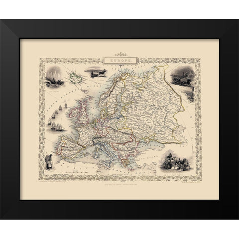 Europe - Tallis 1851 Black Modern Wood Framed Art Print by Tallis