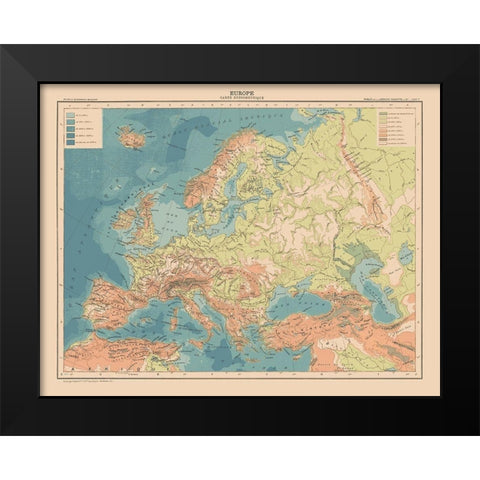 Hypsometric Europe - Schrader 1908 Black Modern Wood Framed Art Print by Schrader