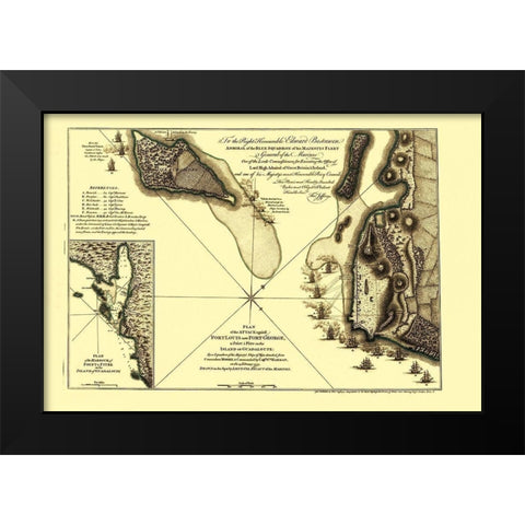 Caribbean Attack Plan Fort Louis Fort George Black Modern Wood Framed Art Print by Jefferys