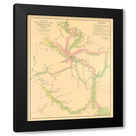 Paris France Transportation Routes - Regnier 1853 Black Modern Wood Framed Art Print with Double Matting by Regnier