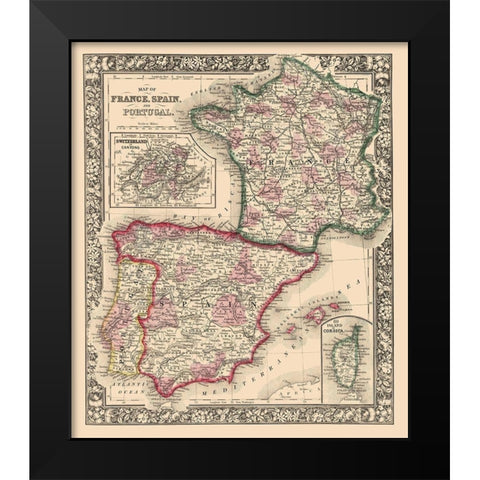 Europe France Spain Portugal - Mitchell 1862 Black Modern Wood Framed Art Print by Mitchell