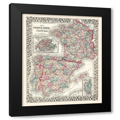 Europe France Spain Portugal - Mitchell 1867 Black Modern Wood Framed Art Print by Mitchell