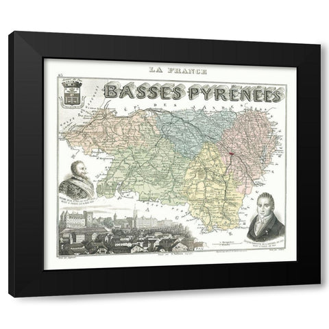 Basses Pyrenees Department France - Migeon 1869 Black Modern Wood Framed Art Print by Migeon